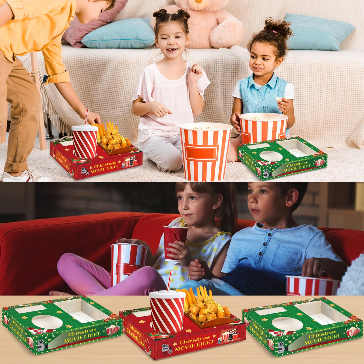 32 Pcs Movie Night Snack Trays Hold Popcorn Candy Food Drink Boxes Merry Christmas Movie Night Party Supplies Christmas Popcorn Food Candy Drink Tray for Kid's Birthday Theater Family Xmas Party Decor