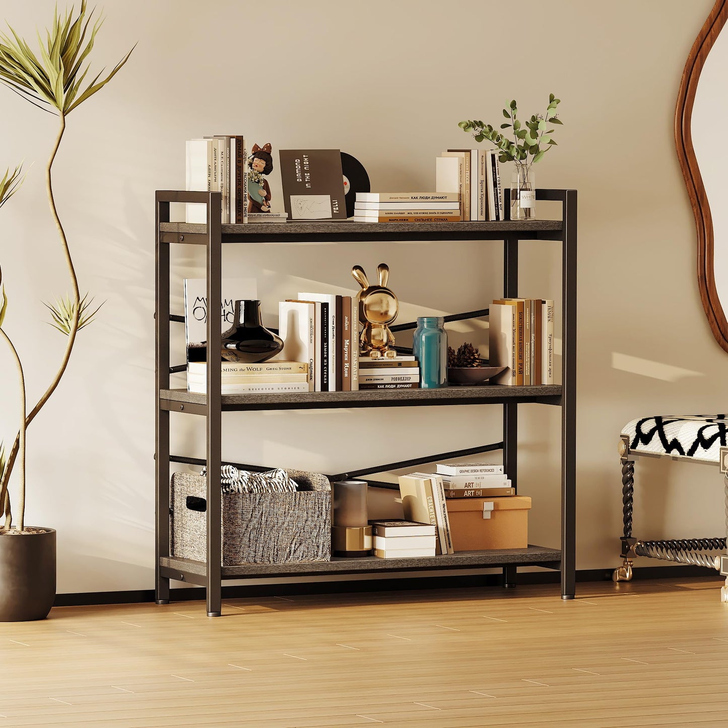 Book Shelf, 3 Tier Bookshelf 31.49" Width, Book Shelf Storage and Organization, Wooden and Metal Industrial Bookcase, Large Book Shelves for Home Living Room Bedroom Office Storage(Grey)