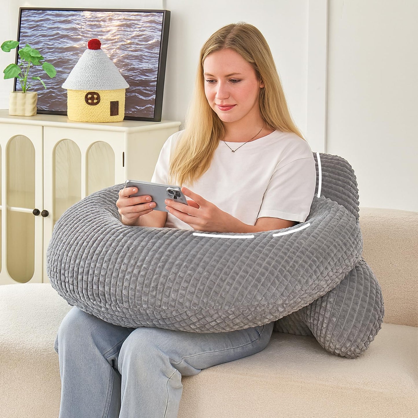 19" Reading Pillow for Bed,U Shaped Arm & Elbow Support,Gray Corduroy