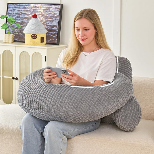 19" Reading Pillow for Bed,U Shaped Arm & Elbow Support,Gray Corduroy