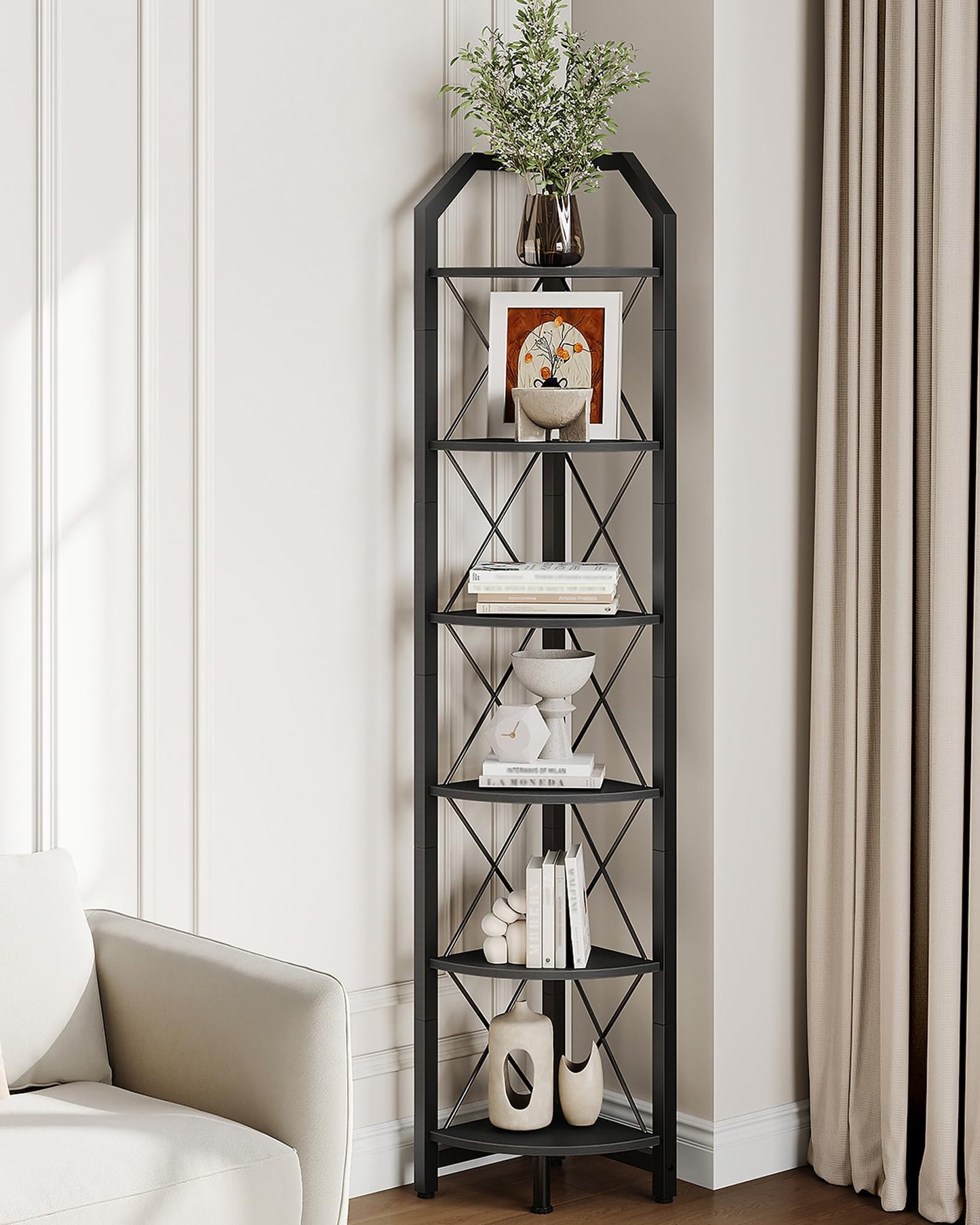 CHOEZON 6-Tier Corner Shelf, Industrial Corner Bookshelf, 71.2" Display Storage Stand, Plant Stand Display Shelf, Tall Bookcase for Bedroom, Living Room, Home Office, Black TCJ11BB