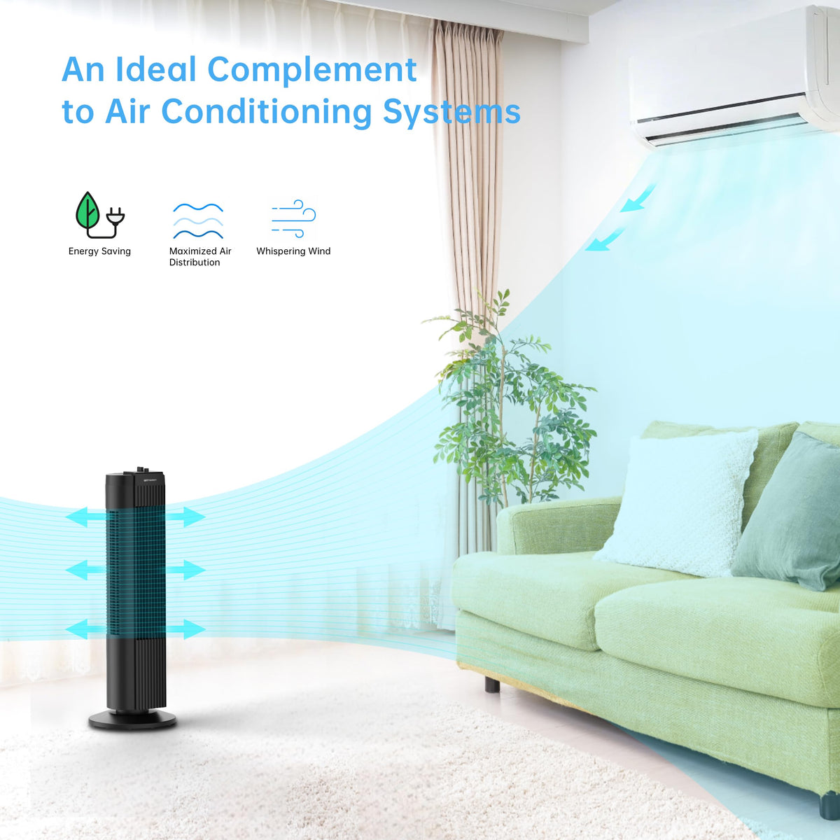 Emerson FAT2835-A Tower 60 Degree Oscillating Fan, 3 Speed Settings with Manual Knob, and Convenient Carry Handle, Black