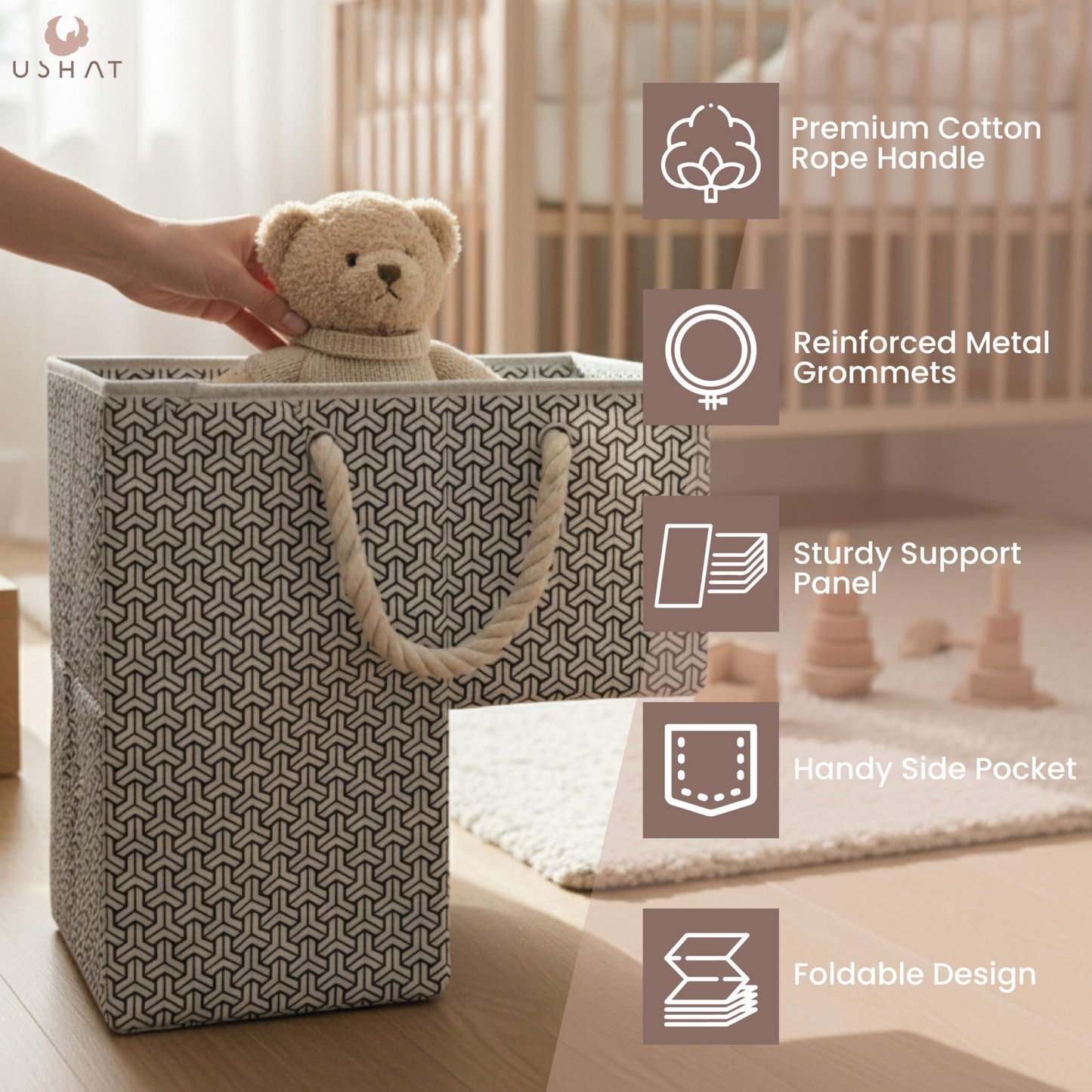 Stair Basket with Modern Geometric Pattern - Foldable Stair Baskets for Carpeted Stairs - Stairway Organizer with Cotton Handle and Pockets for Organizing and Decluttering Your Home