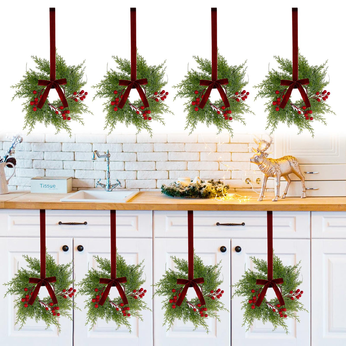 8Pcs Small Christmas Wreaths for Kitchen Cabinets - 9 Inch Mini Wreaths for Cabinets with Berry and Ribbon, Artificial Farmhouse Wreath Hanging Wreaths for Fireplace Front Door Chair Window Porch Wall