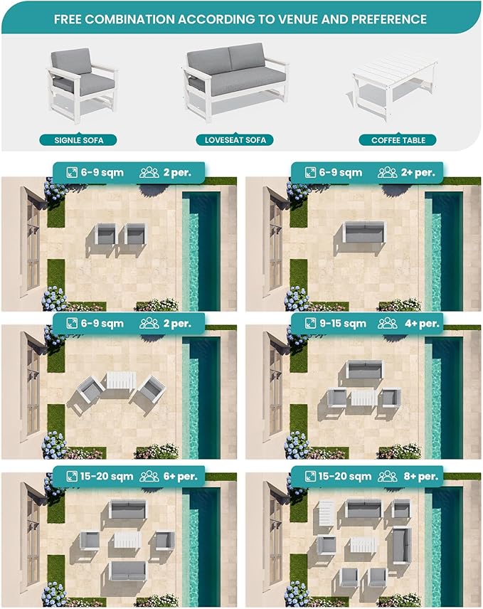 SERWALL 2 Pieces Single Cushioned Lounge Chair, HDPE Outdoor Adirondack Sofa