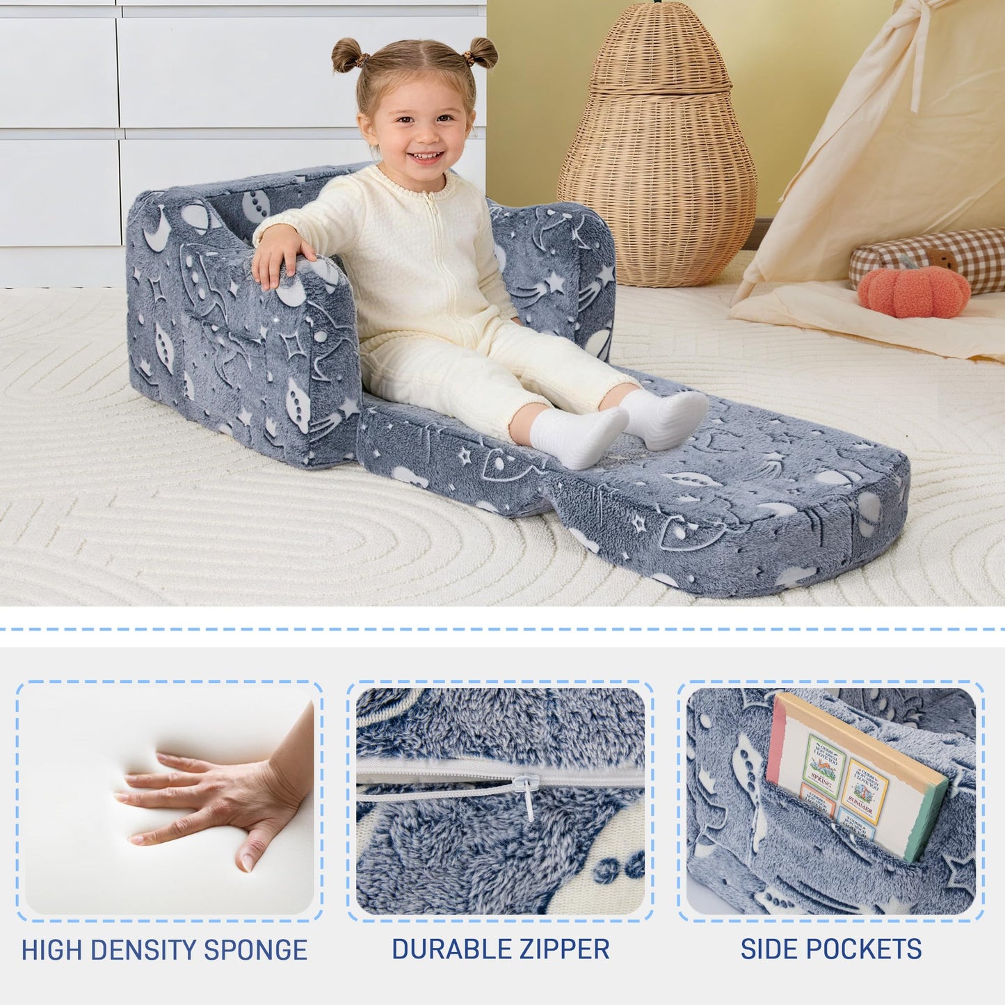 aodisman Thick Comfy Kids Chair and Couch, 2-in-1 Soft Foldable Plush Kids Sofa, Foam Seating for Reading and Play, Removable Washable Cover,Deep Blue Galaxy