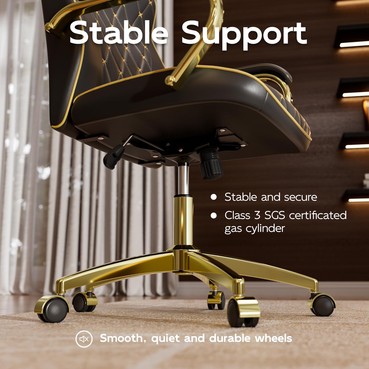 HomeZeer Black and Gold Office Chair with Soft Leather Embroidery, Mid Back Vintage Swivel Executive Desk Chair with Wheels and Padded Arms, Adjustable Height