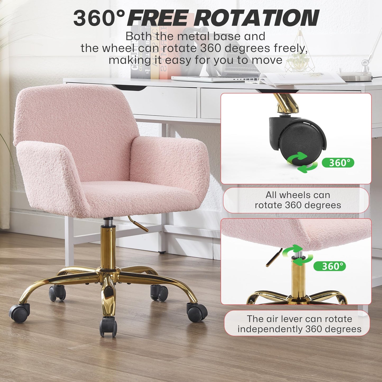 KCC Faux Fur Vanity Makeup Desk Chair, Comfy Fluffy Swivel Modern Leisure Armchair with Wheels, Upholstered Fuzzy Height Adjustable for Teens Women Girls Elegant Home Office, Pink