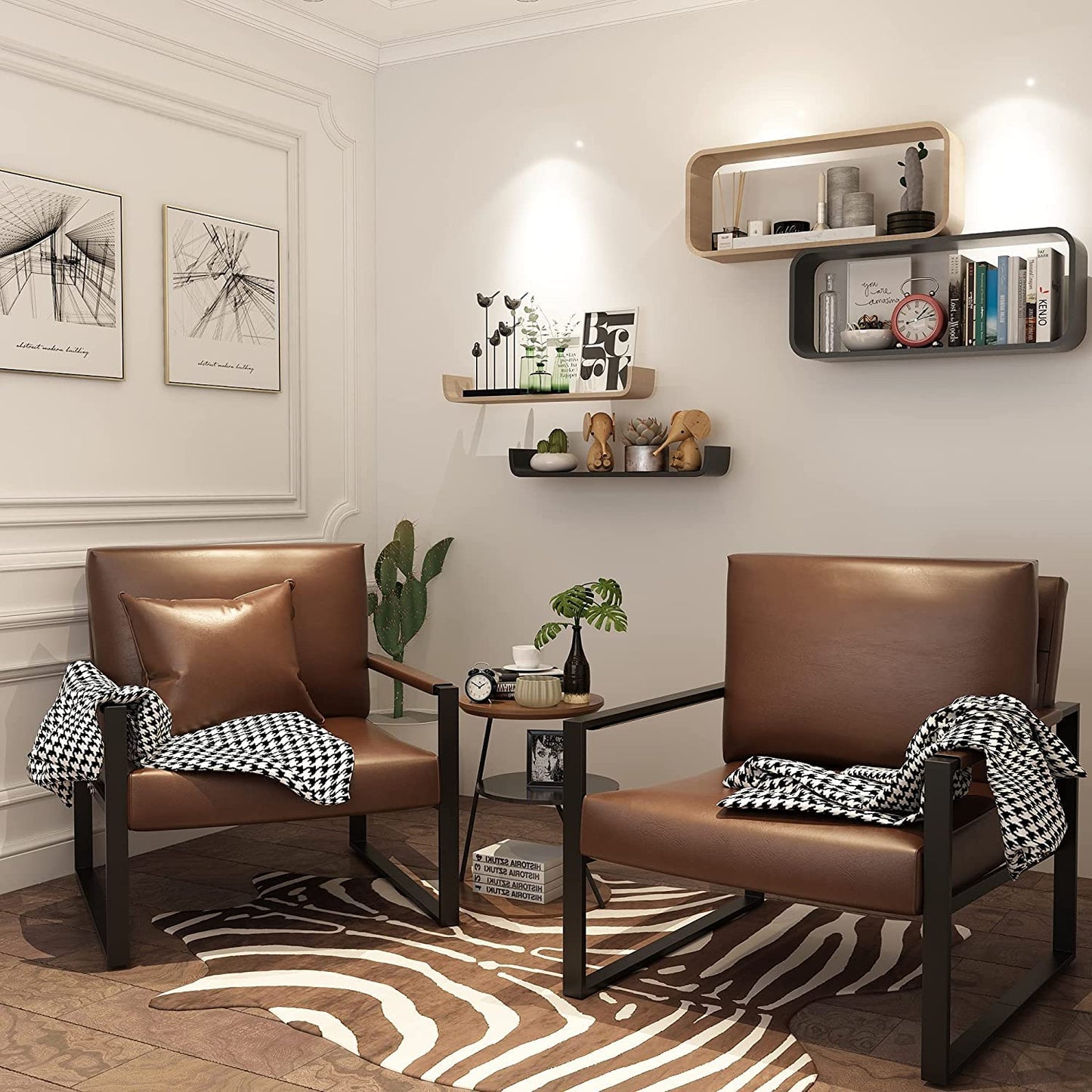 AWQM Modern PU Leather Accent Chair Arm Chair with Extra-Thick Padded Backrest and Seat Cushion Sofa Chairs for Living Room Bedroom, 105 Degree Slant Back, Non-Slip Adsorption Feet-Brown（Set of 1）
