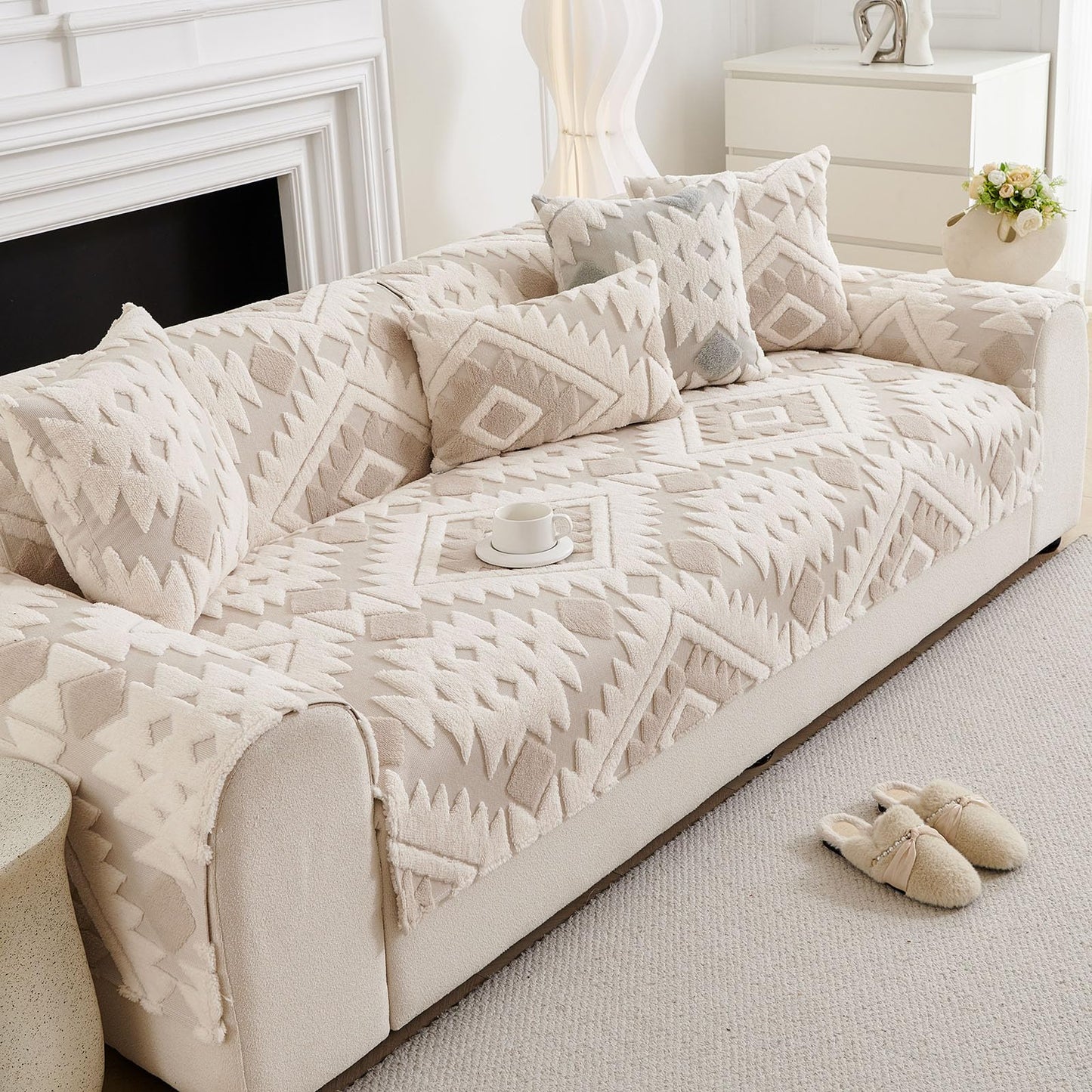 XSlive Boho Plush Couch Covers for Sofa Washable, Fuzzy Soft Couch Cover for Sectional Sofa, Non Slip Jacquard Sofa Cover Furniture Protector for Kids, Pets (Light Coffee,28"x70")