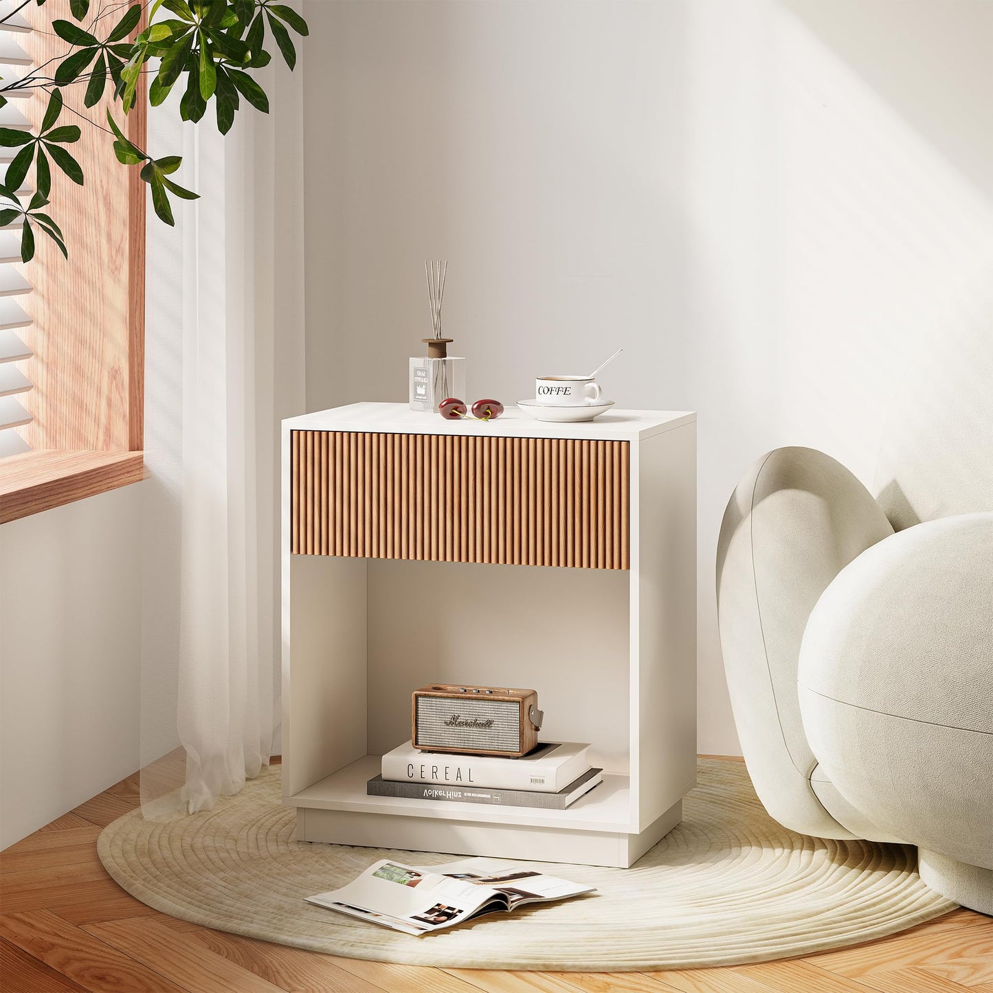 Fluted Nightstands Set of 2, Modern Bedside Table with Storage Drawer and Open Wood Shelf, Wood End Table Mid Century Night Stands for Bedroom Living Room Sofa Couch Office White & Oak