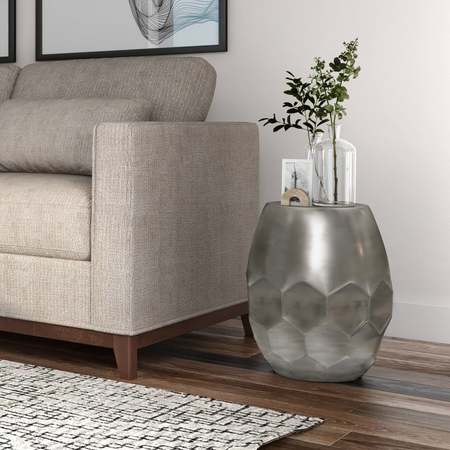 SIMPLIHOME Flanigan Metal Accent Table - 16 inch Wide Solid Metal Round Drum Side Table in Antique Silver, Industrial End Table or Coffee Table for Living Room with Honeycomb Design, Assembled