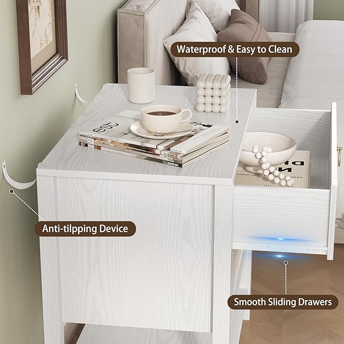 Xixini Nightstand wih 2 Drawers & Open Shelf, Small Mid Century Modern Night
