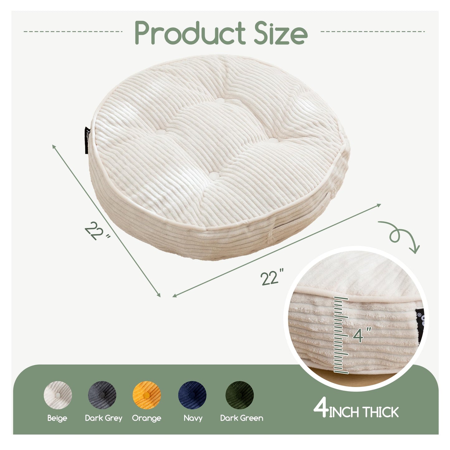 HIGOGOGO Floor Pillow Cushion for Adults, Meditation Cushion Pillow, Large Round Floor Sitting, Tufted Corduroy Cover, for Tatami Living Room or Yoga, 22x22 Inch, Beige