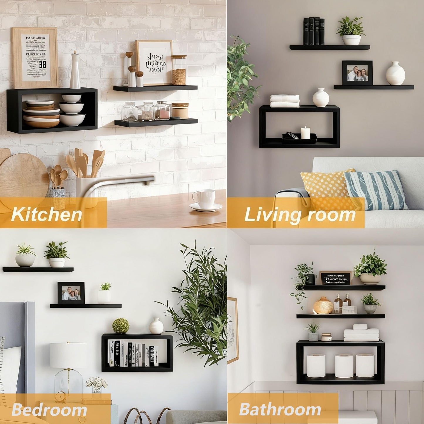Ypvxe Wall Mounted Floating Shelf, c Long for Bedroom Living Room Kitchen Staircase Bathroom Above Toilet Wall Decoration Book Storage Room Recoration (3piece Set) Black