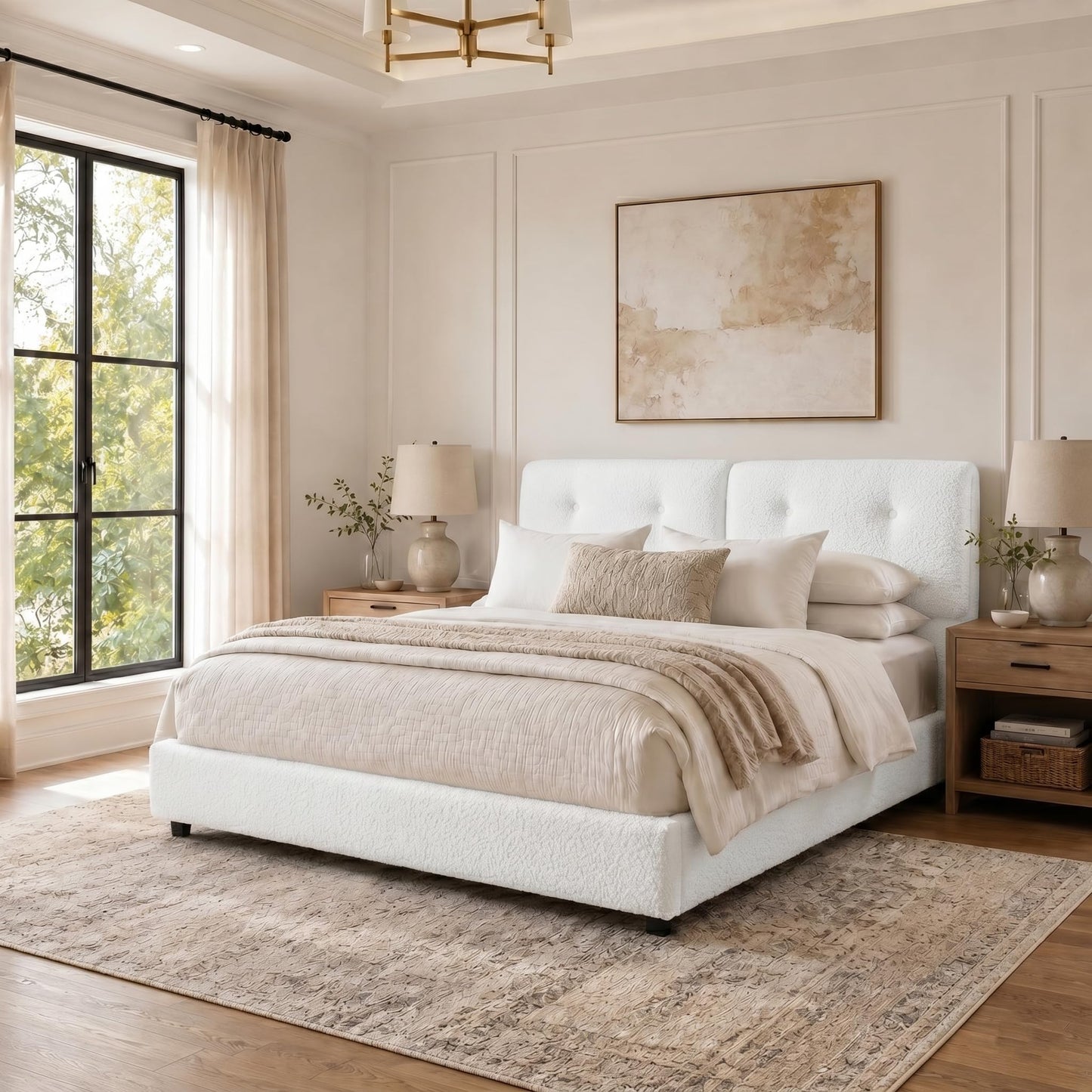 IMMERSTABLE Bed Frame Queen Size, Boucle Upholstered Bed Frame with Headboard, Removable and Washable, No Box Spring Needed, Wood Slat Support，Easy Assembly, White