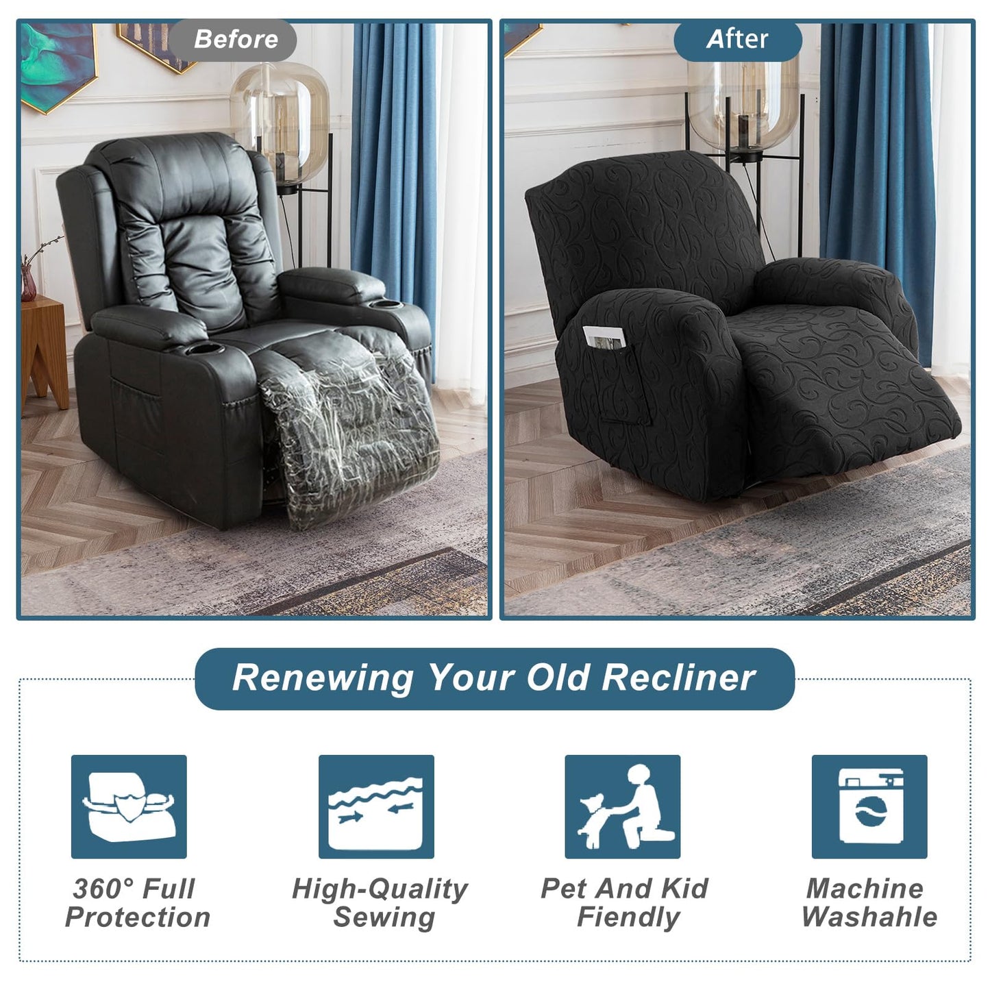 YUEANG 4 Pieces Recliner Cover Stretch Sofa Slipcover, Sofa Couch Cover for Reclining Couch 1 Seat, Washable Furniture Protector with Elastic Bottom for Kids, Dog