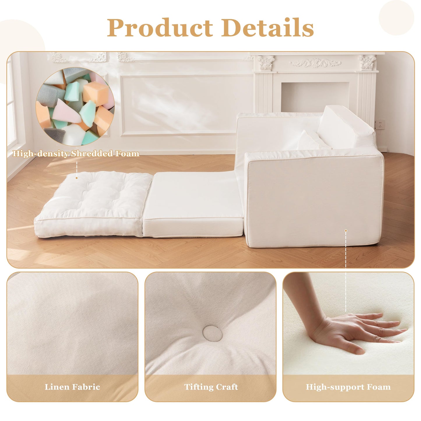 YOSHOOT Loveseat Boneless Couch,55" Convertible Sofa Bed Futon Couches for Living Room,3-in-1 Pull Out Floor Couch with Backrest and Pillows, White