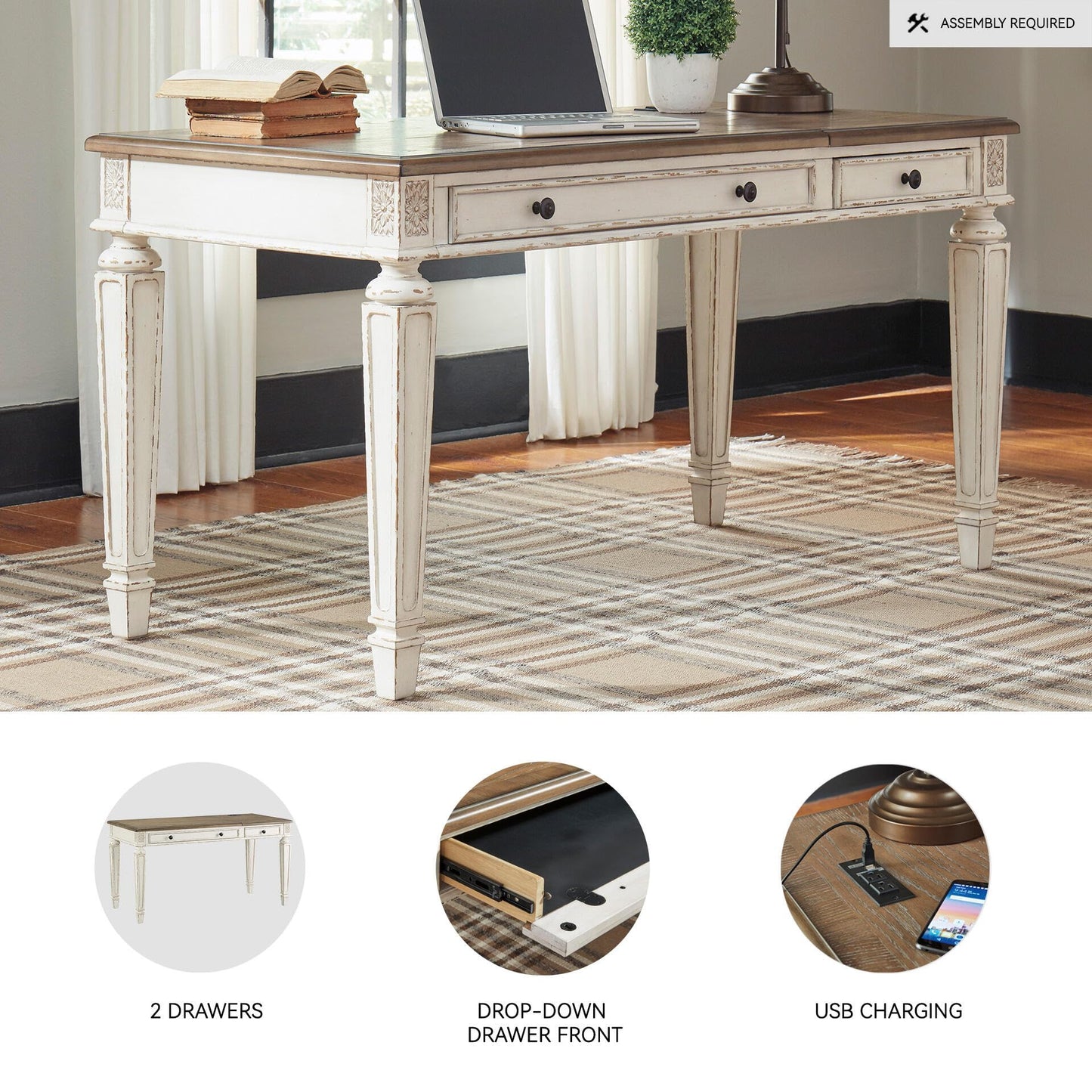 Signature Design by Ashley Realyn Home Office Lift Top Desk, USB Charging, Spring Lift Top, Smooth-gliding Drawer, 60" W x 28" D x 31" H, Chipped White and Brown