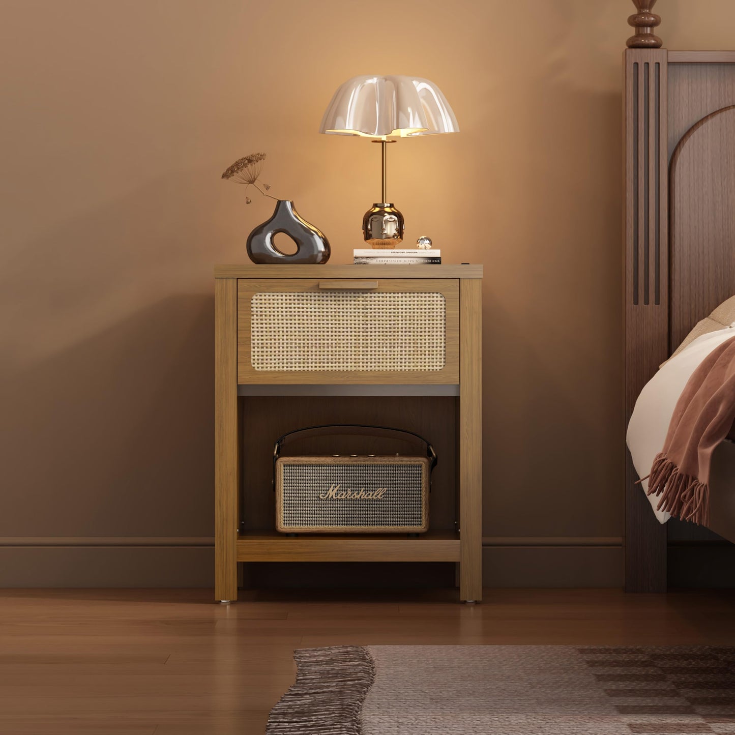 YAUKOMEL Rattan Nightstand, Mid Century Modern Bedside Table with Opening Storage,Large Side Table with Drawer,Boho Night Stand,Wooden End Table,Handmade Solid Wood Handle,Walnut CTG65BR