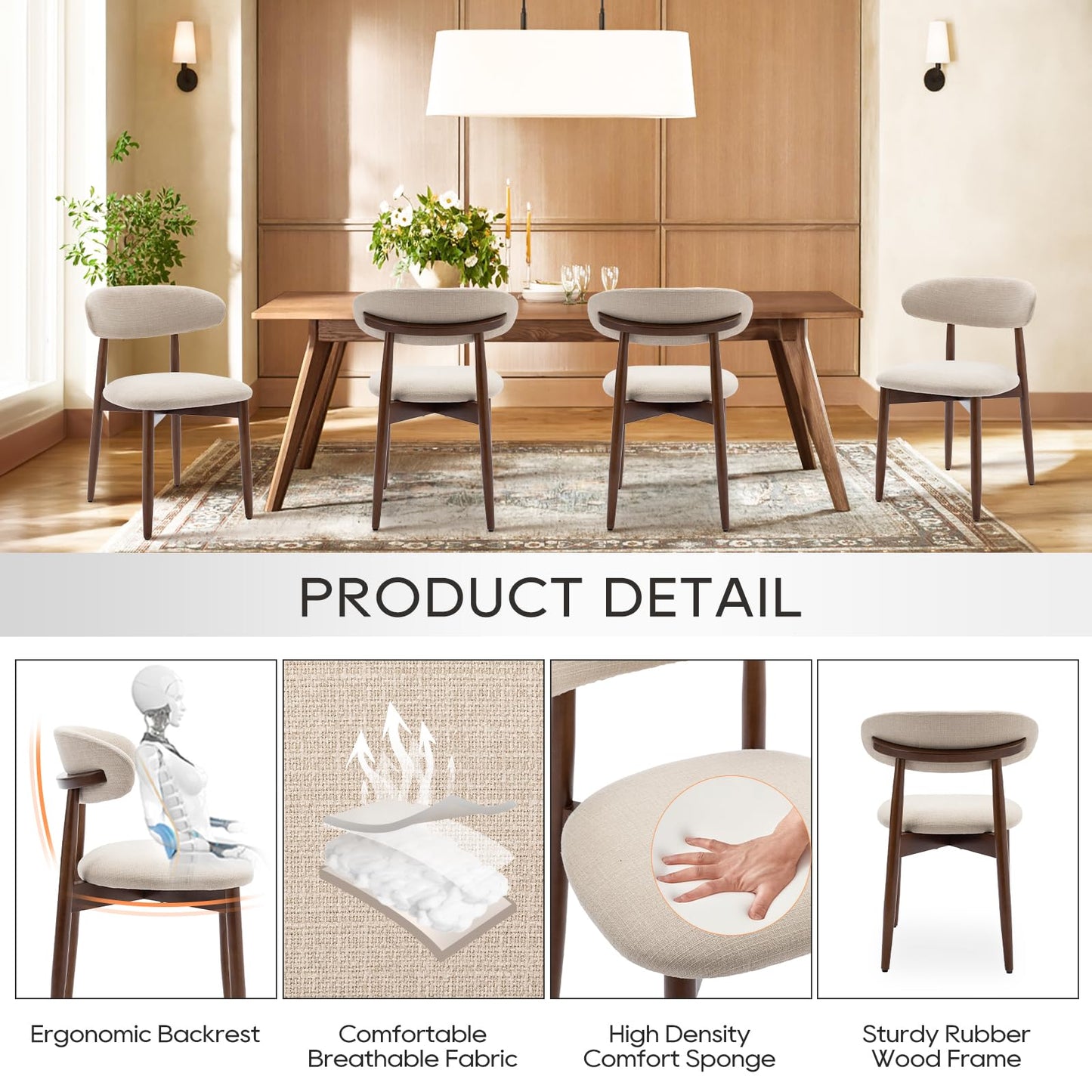 COLAMY Wooden Dining Chairs Set of 2, Modern Fabric Upholstered Kitchen Side Chairs, Farmhouse Dining Room Chair with Foot Pegs, Beige