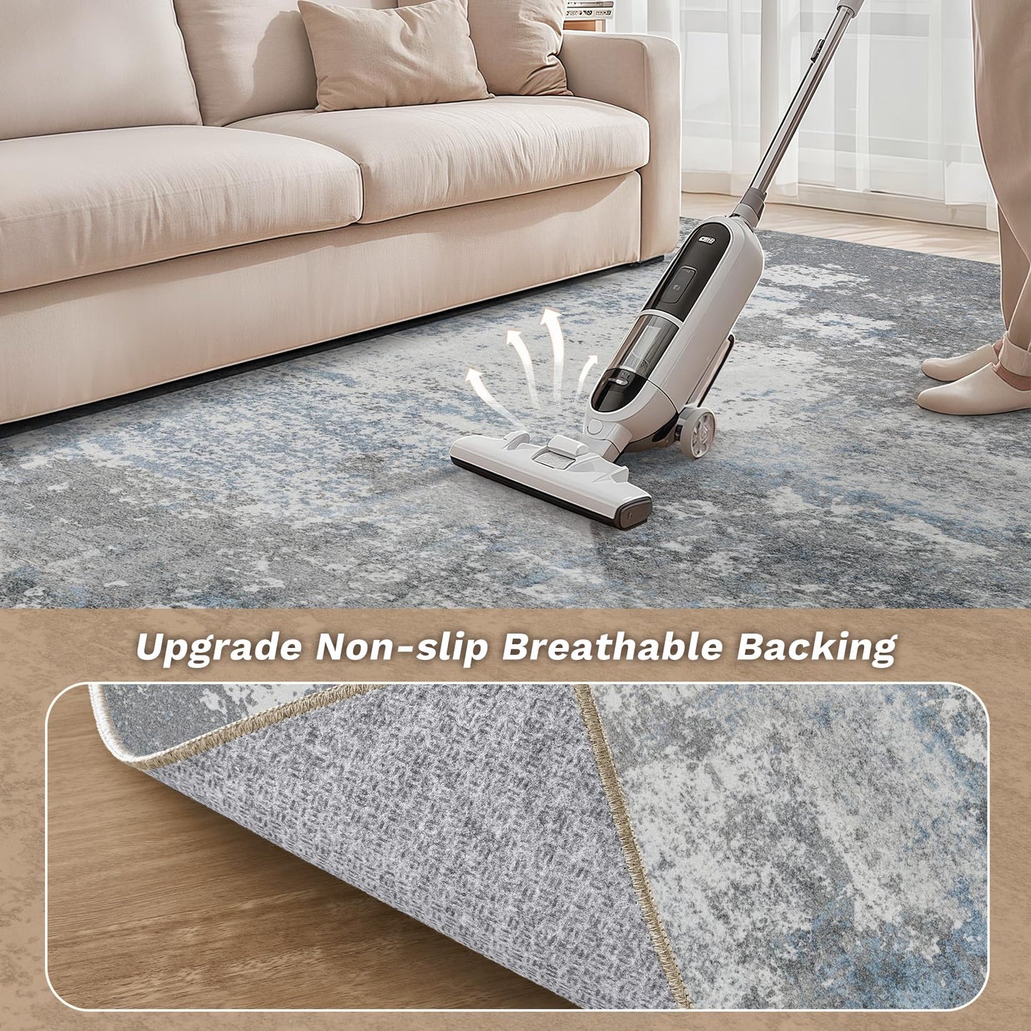Micgeek Area Rug Living Room - 9X12 Abstract Washable Large Soft Foldable Non Slip Rug Neutral Modern Low Pile Carpet for Bedroom Nursery Dining Room Farmhouse Home Office Indoor - Grey Blue