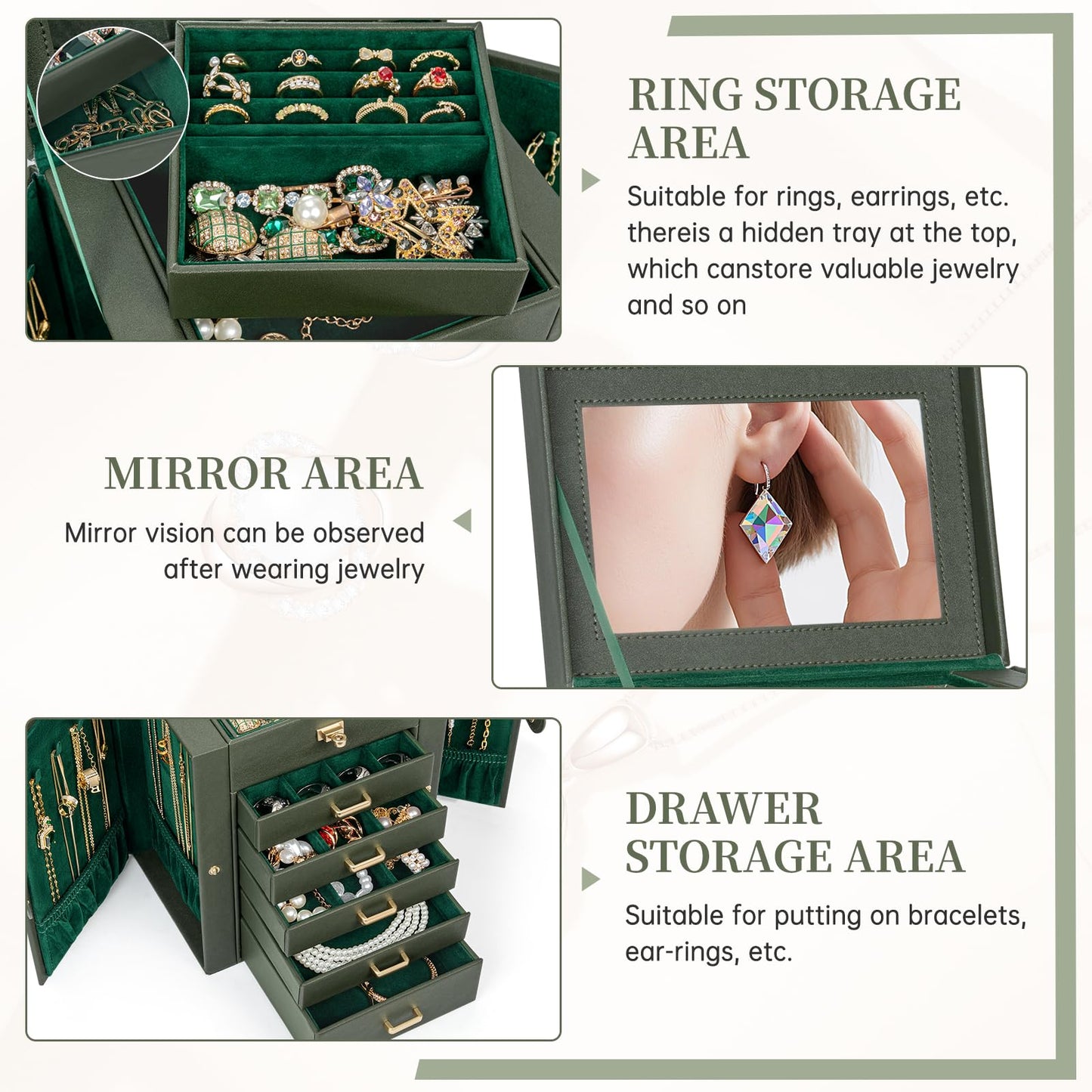 AKOZLIN 6-Tier Jewelry Box Organizer Functional 5 Drawers Leather Jewelry Storage Case for Women Girls Ring Necklace Earring Bracelet Holder Organizer with Mirror DrakGreen Regular