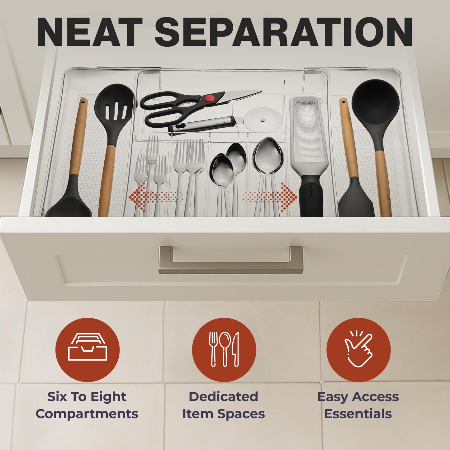 Masirs Expandable Utensil Drawer Organizer - BPA-Free Plastic Clear Silverware Tray with Multiple Compartments - Non-Slip Cutlery Storage for Kitchen, Bathroom, or Office Drawers (Clear)