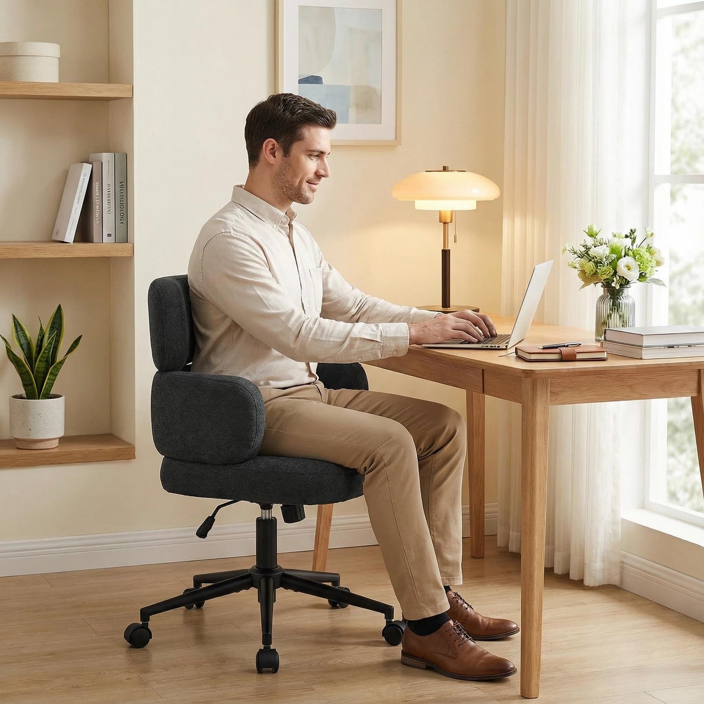 Furnistyle Modern Upholstered Office Chair with Wheels, Adjustable Height Swivel Desk Chair with Arms, Comfy Fabric Task Chair for Home Office, Bedroom, Study Room, Rolling Base,Black