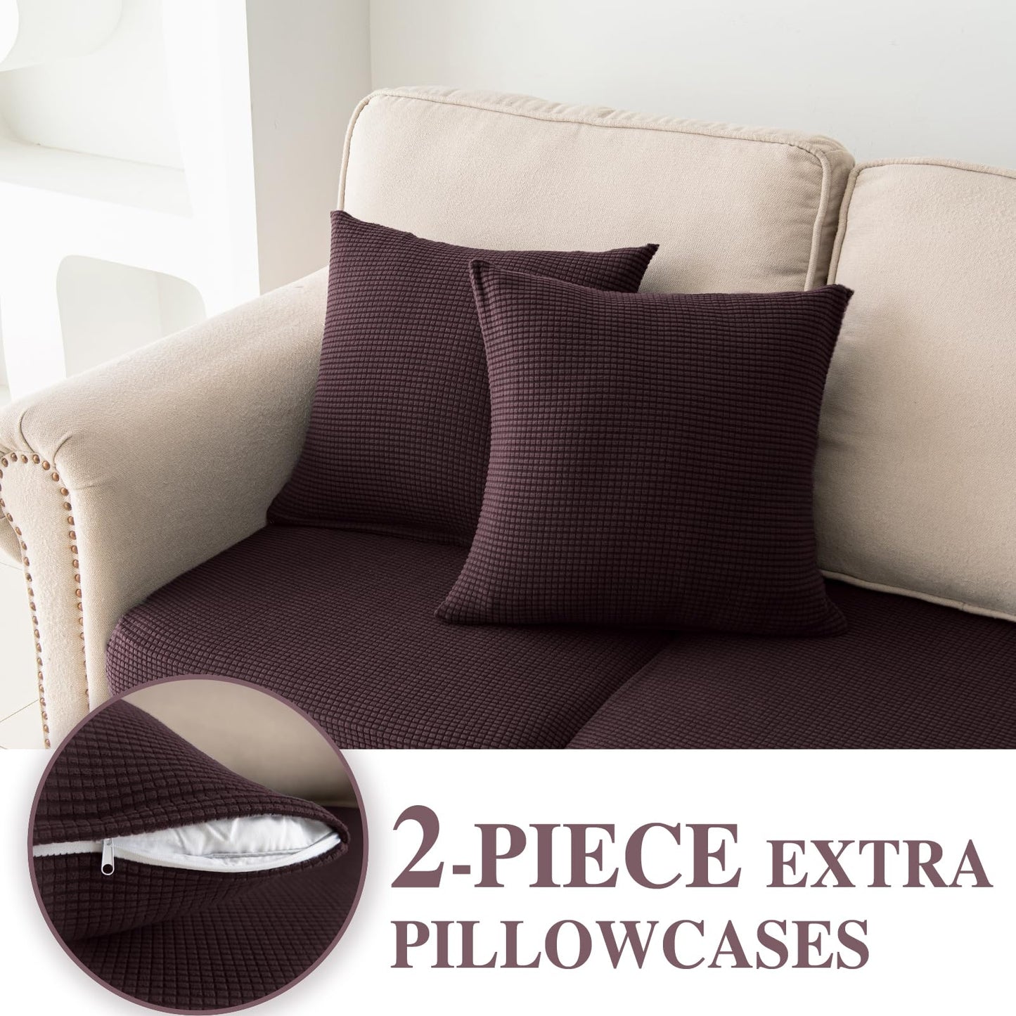 LA MEACK Couch Cushion Covers for Sectional Sofa L Shape Washable Separate Seat Chaise Couch Cover Stretch Sofa Slipcovers with 2 Pcs Pillowcases(3 Seater + 1 Chaise, Brown)