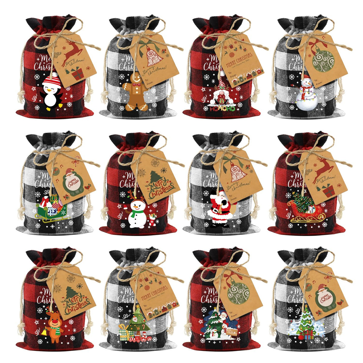 Aviski 60PCS Cotton Small Christmas Drawstring Candy Treat Bags Buffalo Plaid Xmas Xmas Christmas Fabric Goody Gift Sacks Reusable Gift Wrapping Bags Holiday Party Favors - Red/White