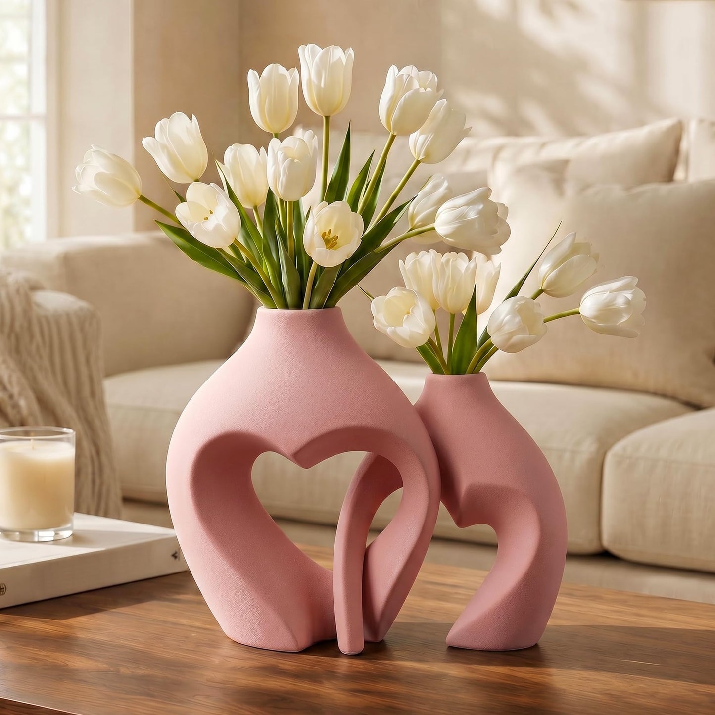 Ceramic Flower Vases Table Decor Heart Shaped Vase Set of 2 Pink