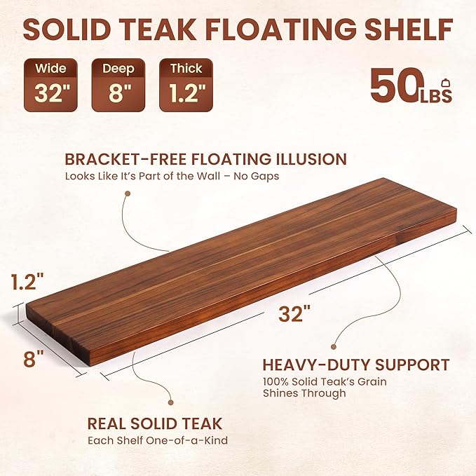 32 Inch Teak Floating Shelves Set of 2