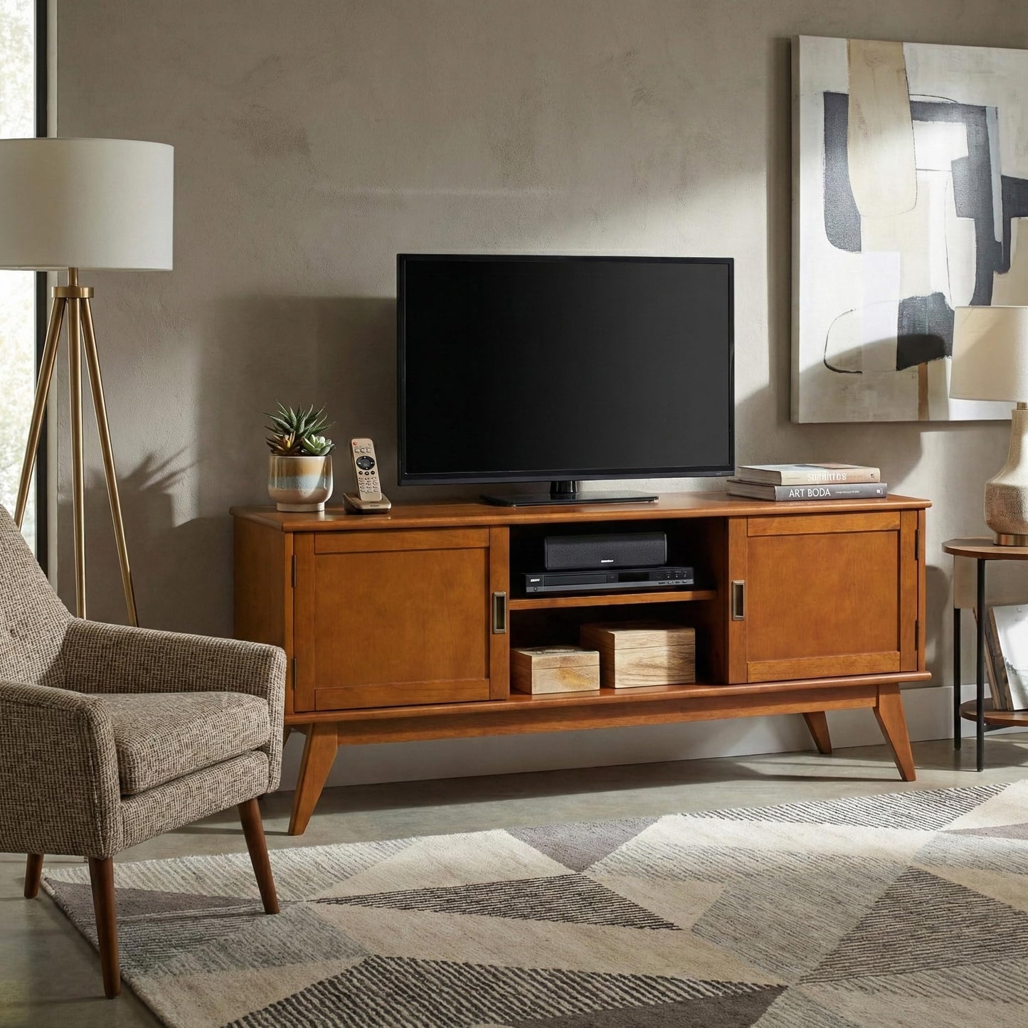 SIMPLIHOME Draper TV Stand - 60 inch Wide Solid Wood Low Media Console in Teak Brown, Mid Century Modern Entertainment Center for Living Room for TVs up to 65 Inches with Cabinets and Cable Management