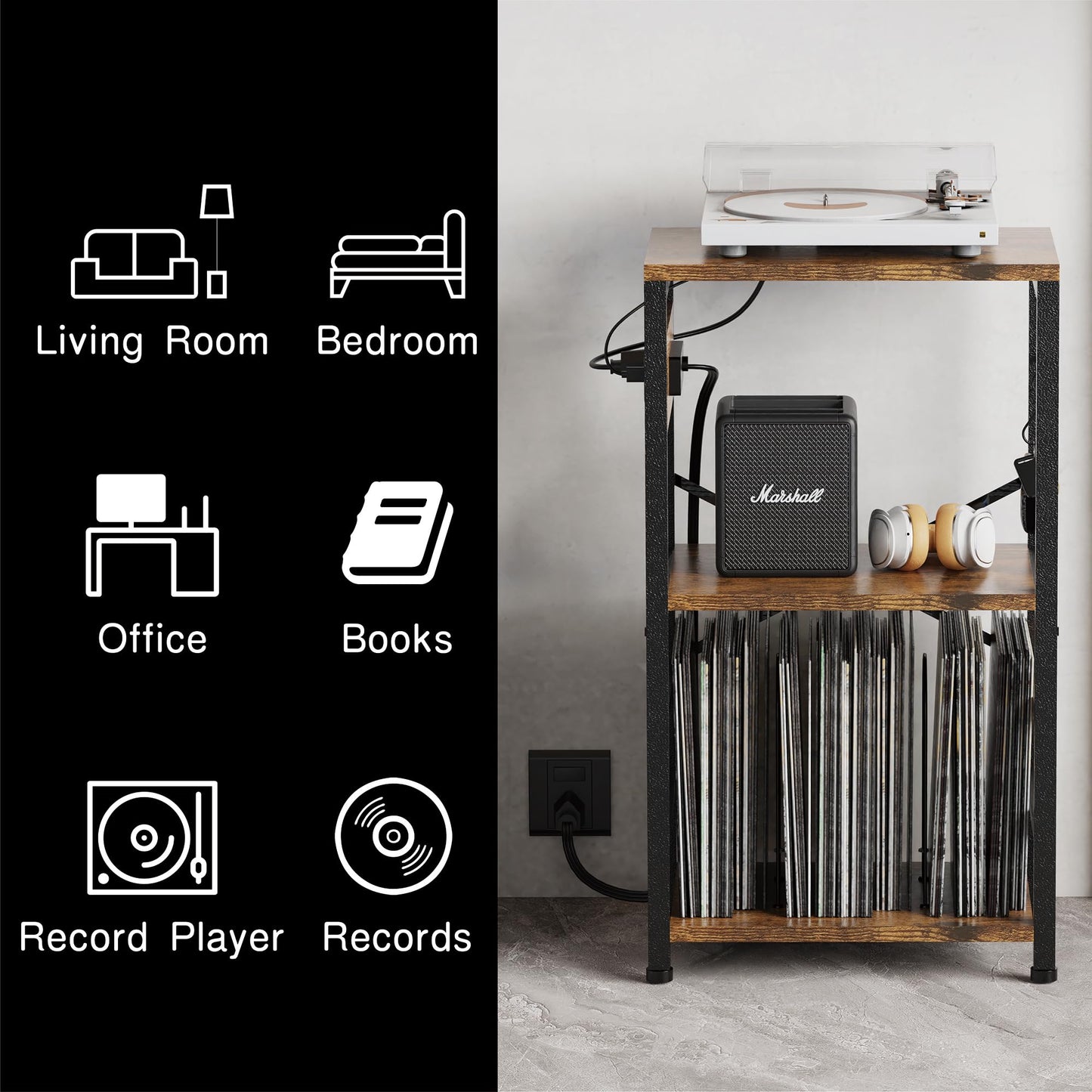 YAKANJ End Table with LED Light,Record Player Stand with Charging Station,Vinyl Records Storage,Turntable Stand Albums Storage for Music Room Studio-Modern Brown