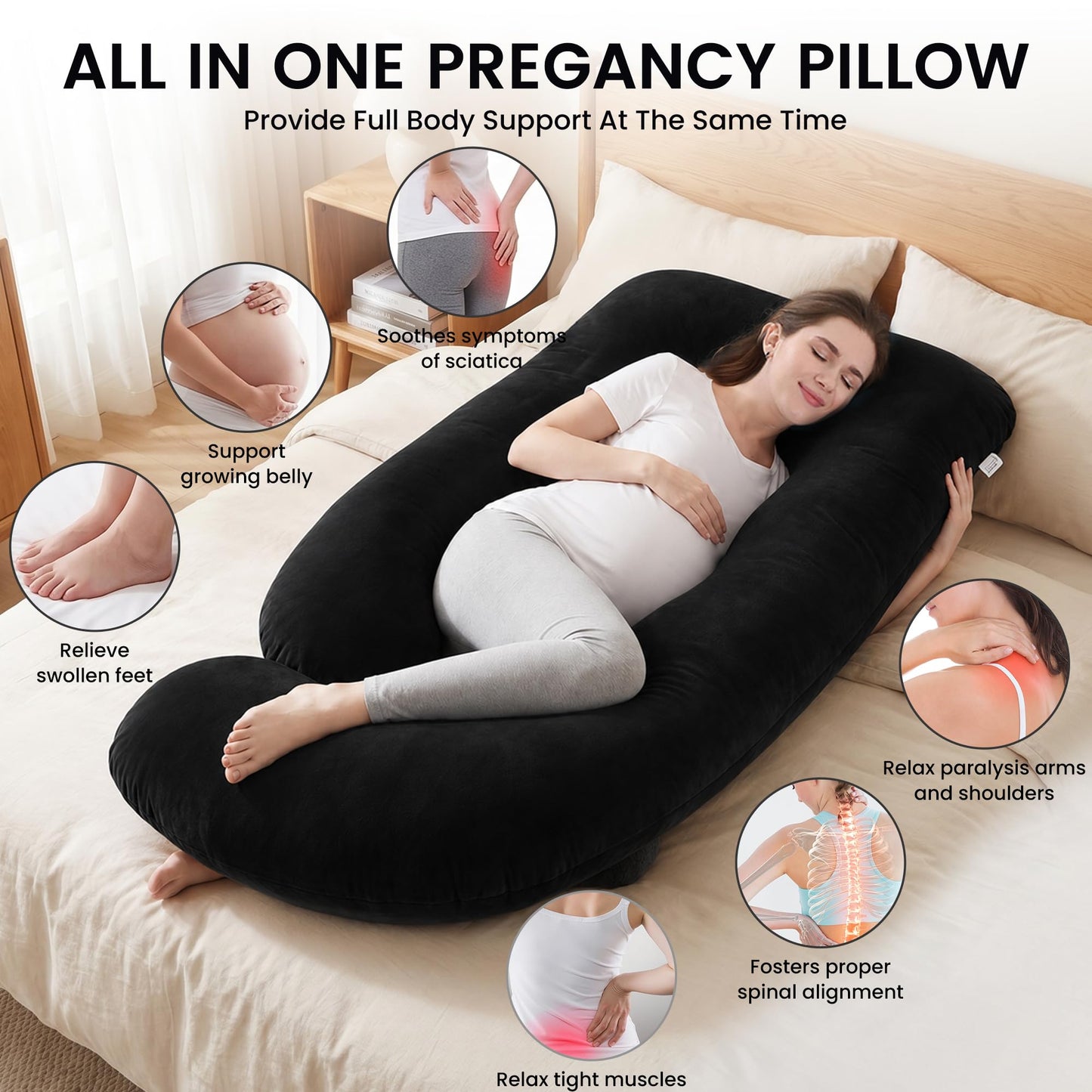 Jcickt Pregnancy Pillow for Sleeping,59 inch Maternity Pillow with Removable Washable Cover,J-Shaped Velvet Full Body Pregnant Pillow -Support for Backs,Legs, Belly, HIPS, Improve Sleep-Black