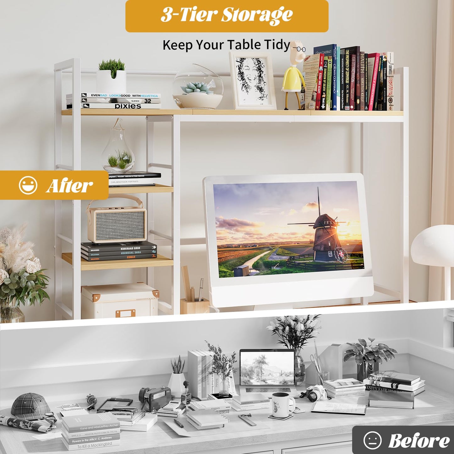 HavenlyYouth Desk Shelf, 38.6 Inch Wood Desk Organizer Shelf for Computer Monitor, Desk Hutch Storage, Desktop Shelf for Top of Desk, 3 Tier Desktop Bookshelf for Home Office Dorm, White