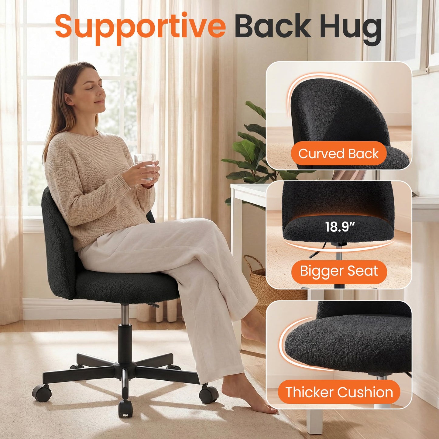 NEO CHAIR Office Vanity Chair with Wheels Comfy Desk Chair for Girls Cute Computer Small Armless Adjustable Height Swivel for Home Bedroom Task (Black)