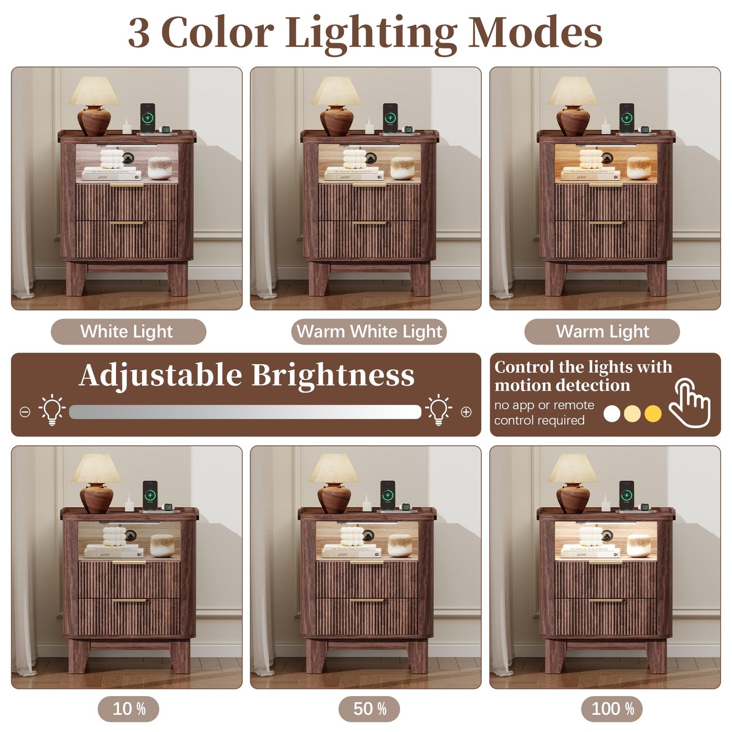 Baoz Walnut Fluted Nightstand with Charging Station & 2 Wooden Drawers