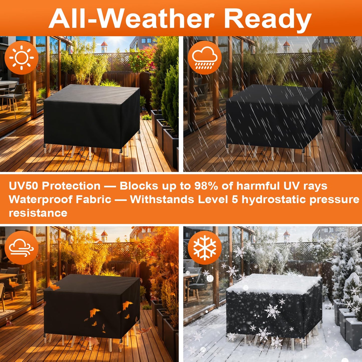 Cisvio Patio Furniture Cover Rectangle 111"(L) x 74"(W) x 30"(H), Custom Heavy Duty 420D Waterproof Outdoor Cover with Drawstring & Buckles for Table Chair Garden, Black