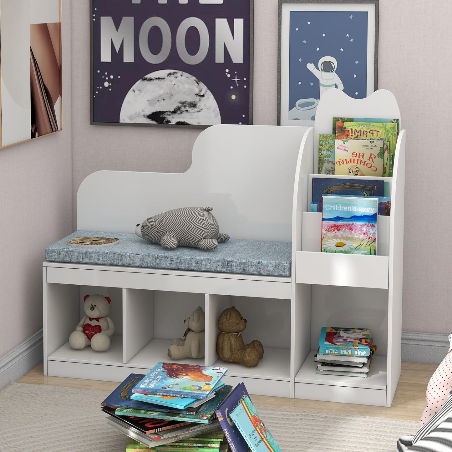 TaoHFE Reading Nook for Kids with 4 Storage Cubes and Cushion, Kid Bench with Kids Bookshelf and Toy Storage, Multifunctional Kids Reading Nook for Living Room, Kid Room, Nursery, White