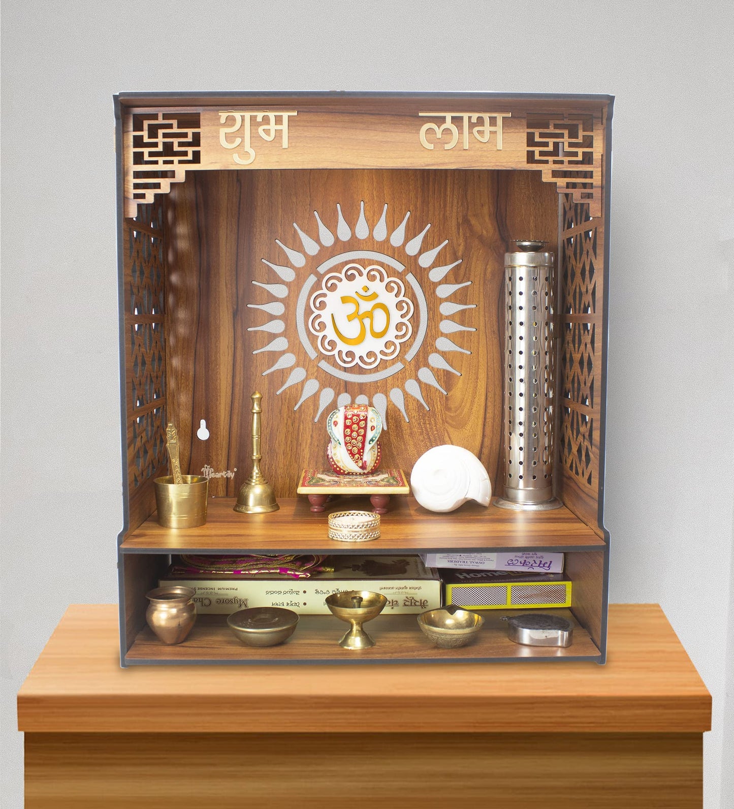 Heartily® PAVITR Beautiful Wooden Pooja Mandir for Home Temple for Home and Office Pooja Stand Modern Puja Mandir for Home Wall with LED Spot Light Size (18, L- 16, W-8.75 Inch)