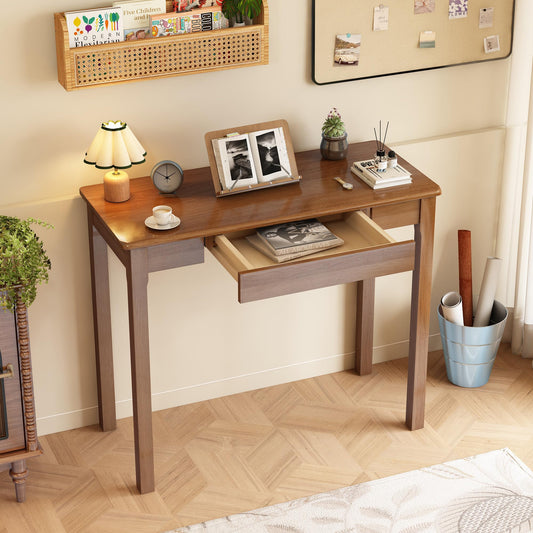 WOPITMER Solid Wooden Desk with Drawers - 36 x 16 Inch Narrow Desks for Small Spaces, Rubberwood Mid Century Modern Desks, Simple Vintage Study Table, Small Writing Desk for Bedroom - Walnut Color