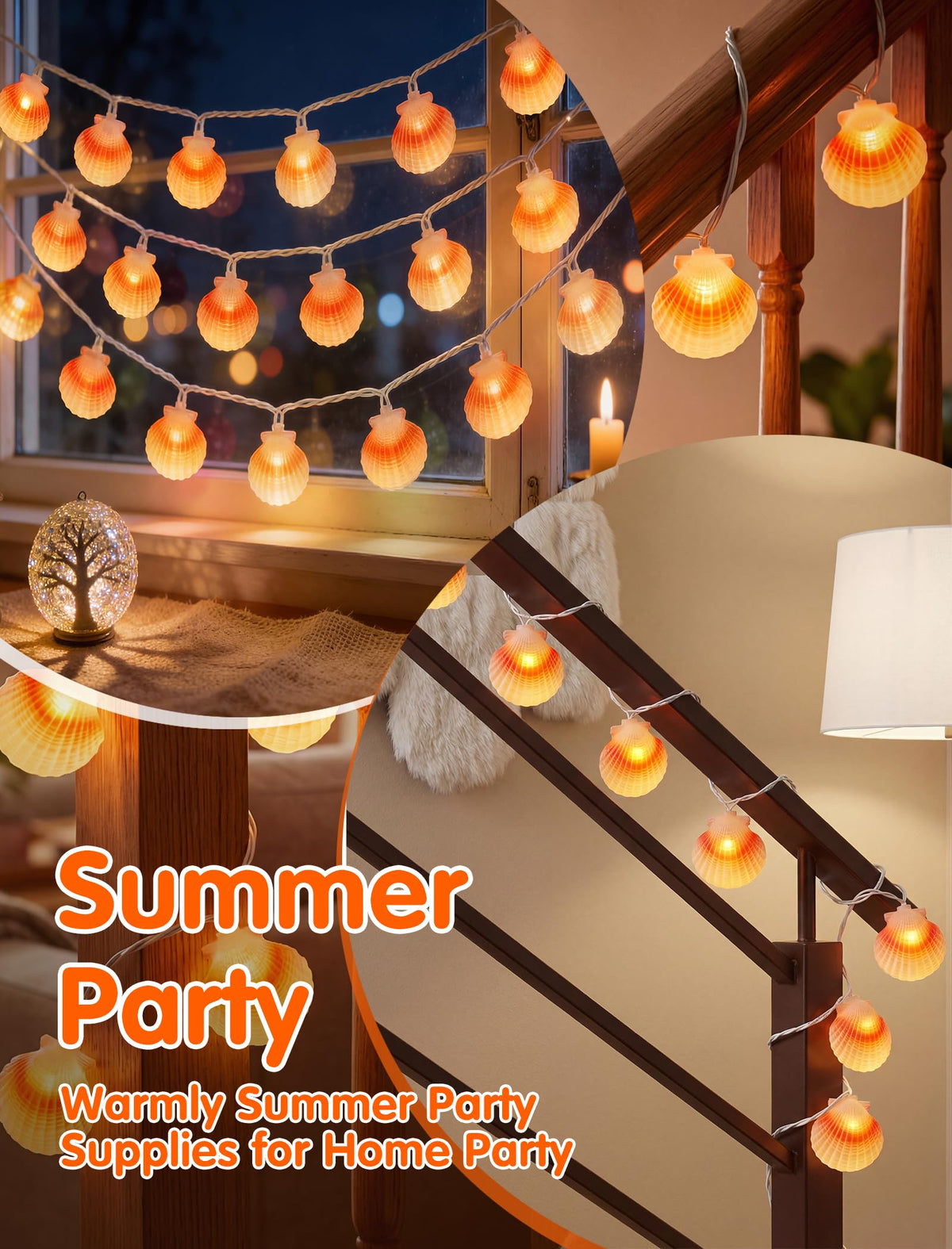 SUNSGNE 8.5FT LED Summer Seashell String Lights, 10 Textured Translucent Shell Beach String Lights with White Wire, Connectable Outdoor Indoor Decor for Summer Beach Theme, Pool Party, Ocean Bathroom