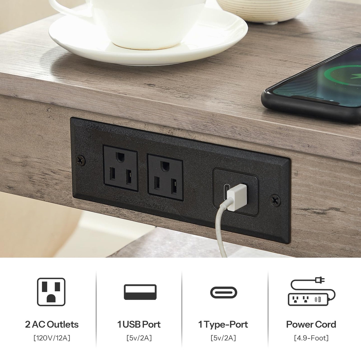 HOOBRO Side Table with Charging Station and USB Port, Small End Table for Small Space, 3-Tier Nightstand with Adjustable Shelf, for Living Room, Bedroom, Greige and Black BG112BZ01