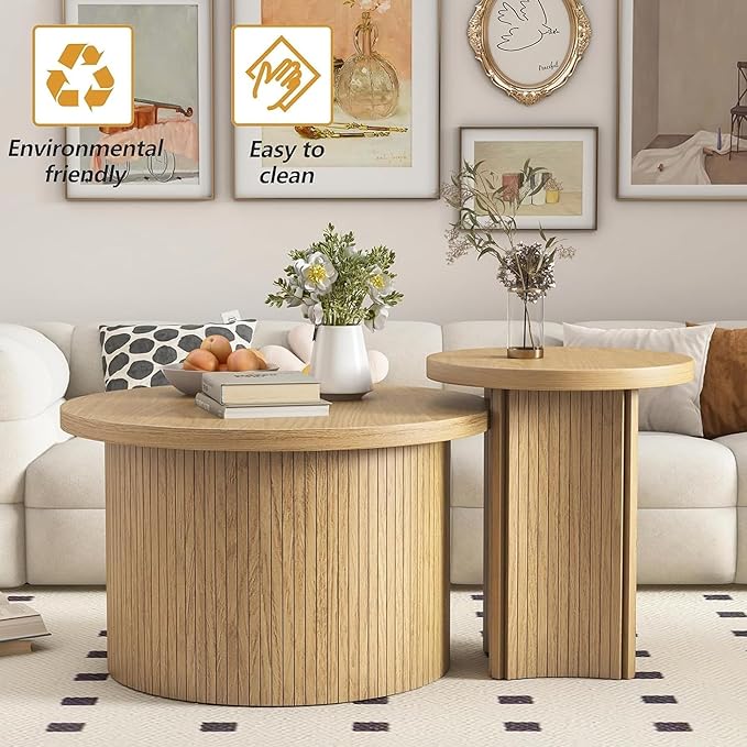 Mxtxmy Set of 2 Nesting Coffee Tables Farmhouse, Round Coffee Table Living Room