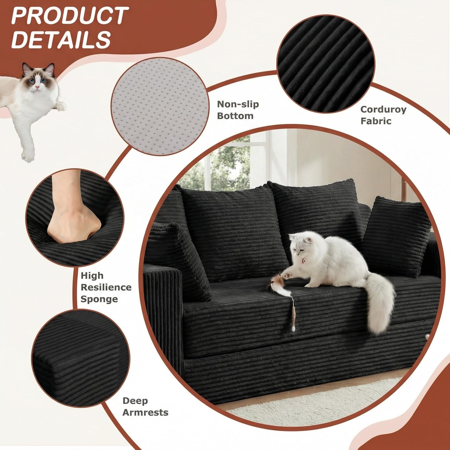 AOLVDOW Convertible Sofa Bed, 5 in 1 Small Boneless Couch Pull Out Loveseat Sleeper Sofa,Corduroy Futon Couch Folding Mattress with 4 Pillows for Living Room