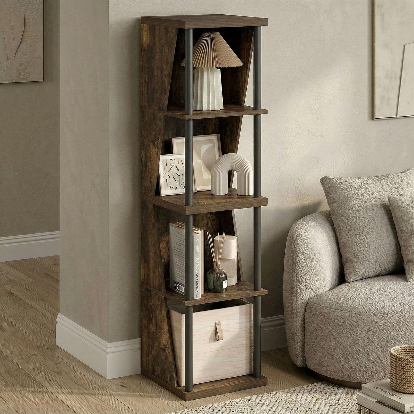 Furinno Flexi Storage Shelf, 4-Cube Corner Shelf, Book Shelf, DIY Stackable & Separable Display Bookcase, for Organization and Storage, for Living Room, Home Office, Amber Pine