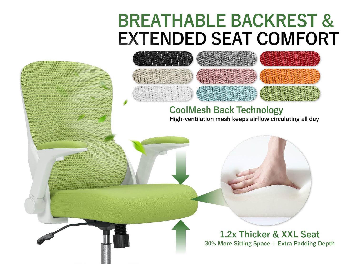 Office Chair Ergonomic Desk Chair Comfy: 400LBS Mesh Computer Chair Ergonomic Gaming Chairs with Wheels Adjustable Lumbar Support and Flip up Armrest-Swivel Executive Chairs Long Hours(Green)