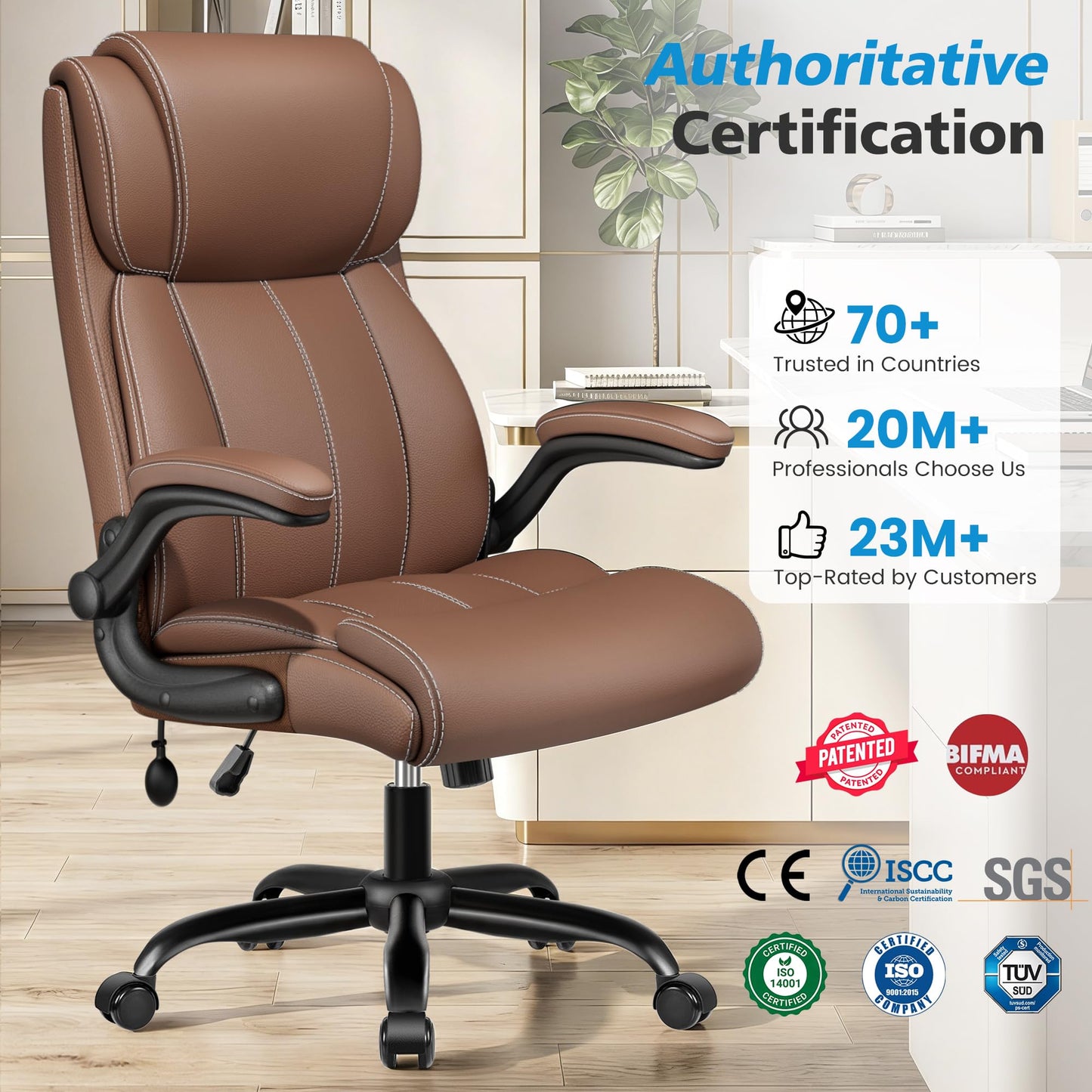 Stella Mia Ergonomic Office Chair – High Back Leather Desk Chair with Adjustable Lumbar Support & Flip-Up Arms, Premium Padded Seat for Home Office Desk, Brown